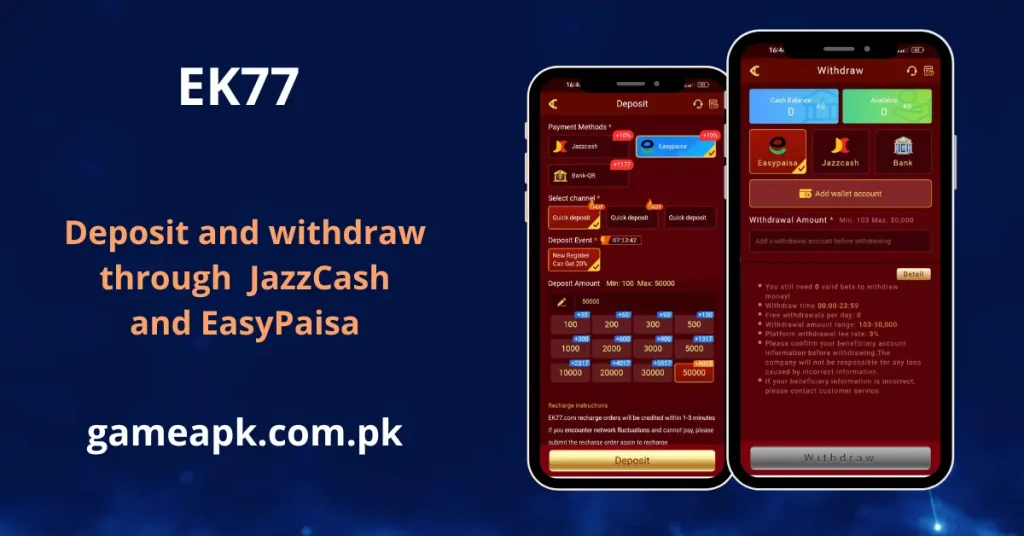 EK77 deposit and withdrawal page with JazzCash and EasyPaisa payment options, minimum Rs 100 and maximum Rs 50,000. EK77 platform withdrawal fee is 3% with free daily withdrawals available on gameapk.com.pk.