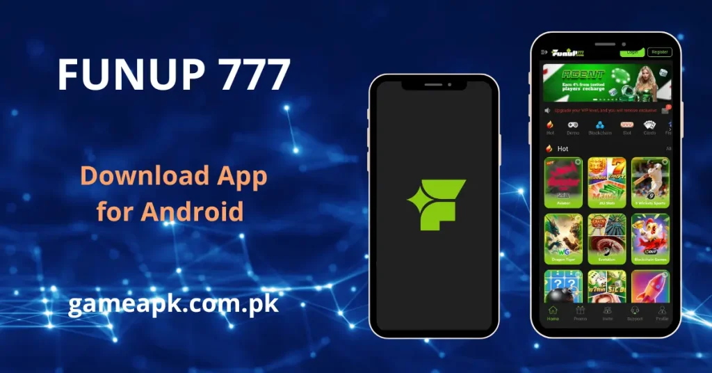 Funup777 APK Download, image shows its app home screen on Android showing Hot games like Aviator, JILI Slots, and 3 Wickets Sports. Download the Funup777 app for Android at gameapk.com.pk.