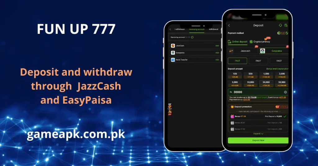 Funup777 deposit screen with JazzCash and EasyPaisa payment options and instant deposit bonuses. Fast PKR deposits and withdrawals via JazzCash and EasyPaisa on the Funup777 app.