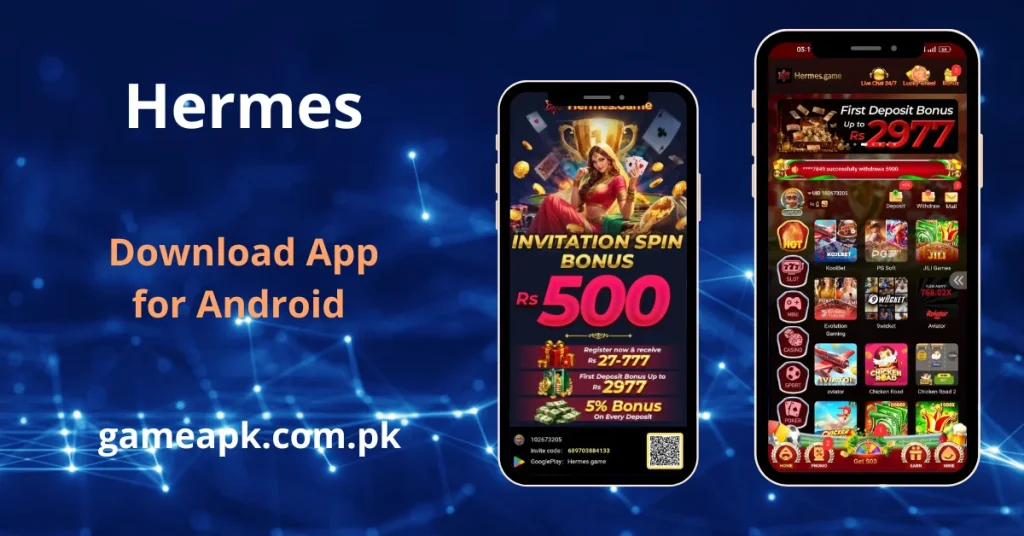 Hermes Game APK download for Android showing the official app interface with Rs.500 invitation spin bonus, first deposit bonus up to Rs.2977, and hot games like JILI, PG Soft, KoolBet, Aviator, and Chicken Road. Download Hermes Game app from gameapk.com.pk and register now to receive Rs.27-777 welcome bonus in Pakistan.