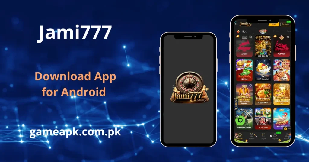 Jami777 APK Download - App home screen on Android showing the Hot games section with Aviator, JILI Slot, and PG Slot. Download the Jami777 app for Android at gameapk.com.pk.