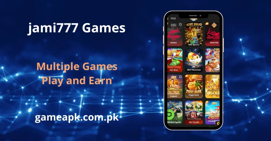 Jami777 games library featuring Aviator, WG Sports, JILI Cards, and Piggy Bank slots. Play multiple games on the Jami777 app and explore more at gameapk.com.pk.