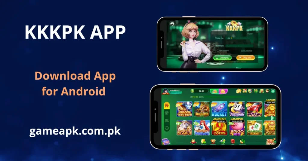 KKKPK APK Download app showing the login screen with phone number and password fields alongside the home lobby on Android displaying Hot games including Dragon Tiger Fight, Roulette, Rocket, 7up7down, Car Roulette, Gates of Olympus, Starlight Princess, 9 Coins, Bingo Pig, Mahjong Ways, and Gems Fortune with live jackpot counters.
