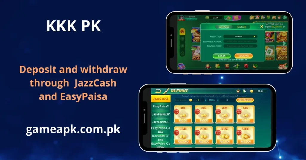 KKK PK app deposit screen showing JazzCash2, EasyPaisa2, EasyPaisaGP, JazzCashGP, and multiple GT pay channels with PKR deposit amounts from Rs.100 to Rs.5,000, alongside the withdrawal screen with EasyPaisa and JazzCash wallet binding options requiring account number and holder name.