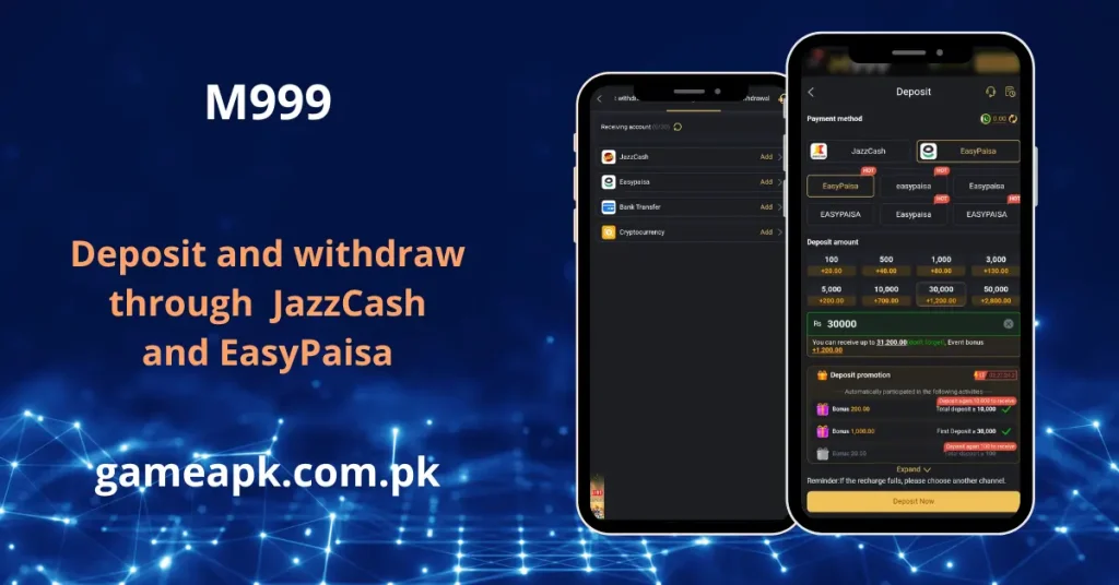 M999 deposit and withdrawal screen showing JazzCash, EasyPaisa, bank transfer, and crypto payment options.
Add funds or cash out instantly on M999 using JazzCash, EasyPaisa, or bank transfer.