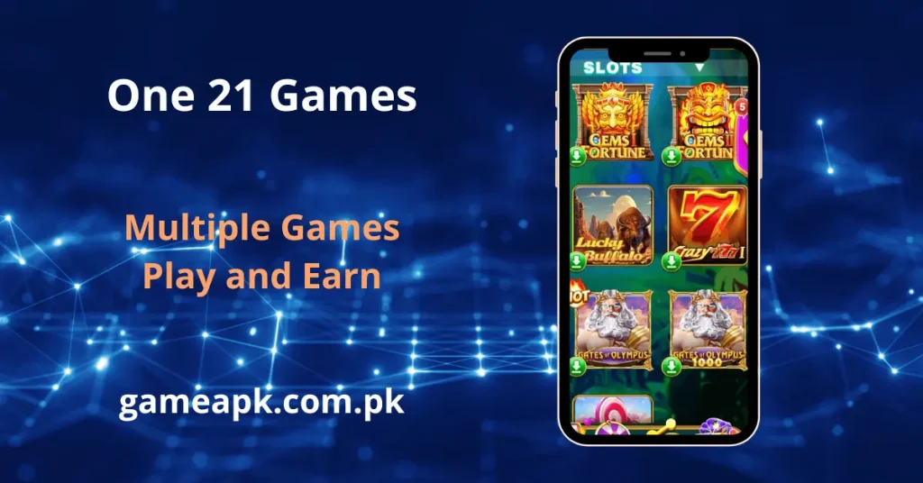 One21 Game slots section featuring popular titles like Gems Fortune, Lucky Buffalo, Crazy 777, and Gates of Olympus to play and earn real money. Explore multiple online slot games on the One21 Game app available at gameapk.com.pk.