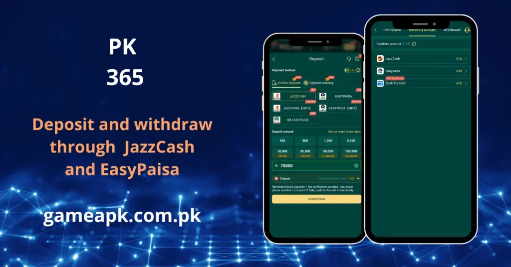 Easy deposit and withdrawal process for the PK365 gaming app using JazzCash and EasyPaisa.
Secure mobile wallet transaction screens for online play and earn via gameapk.com.pk.