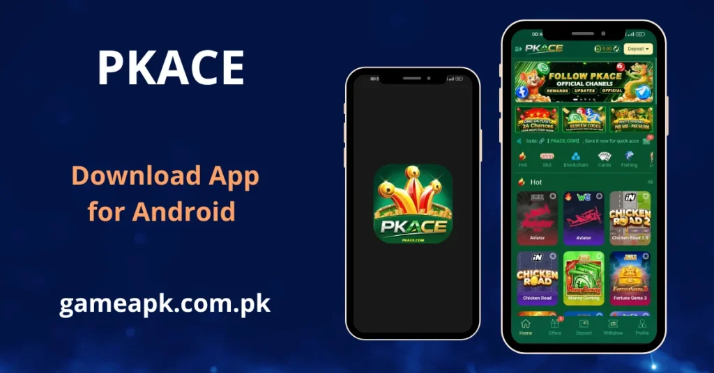 PKAce app interface showing the home screen with hot games, slots, blockchain, cards, and fishing categories.
PKAce APK Download for Android and explore Aviator, Chicken Road 2.0, and Fortune Gems games.
