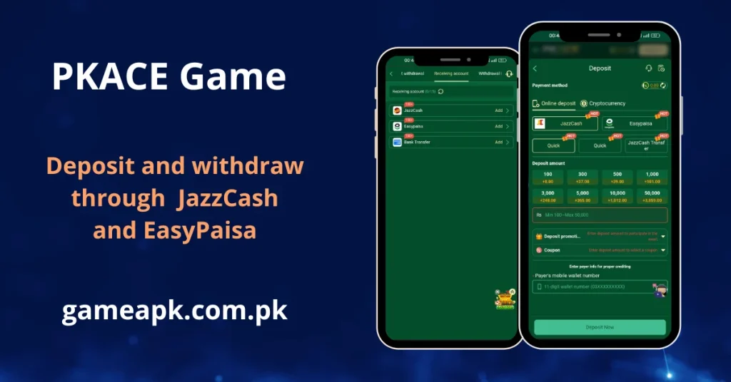 PKAce deposit screen with JazzCash, EasyPaisa, bank transfer, and cryptocurrency payment options.
Add funds or withdraw earnings on PKAce using JazzCash and EasyPaisa in Pakistan.