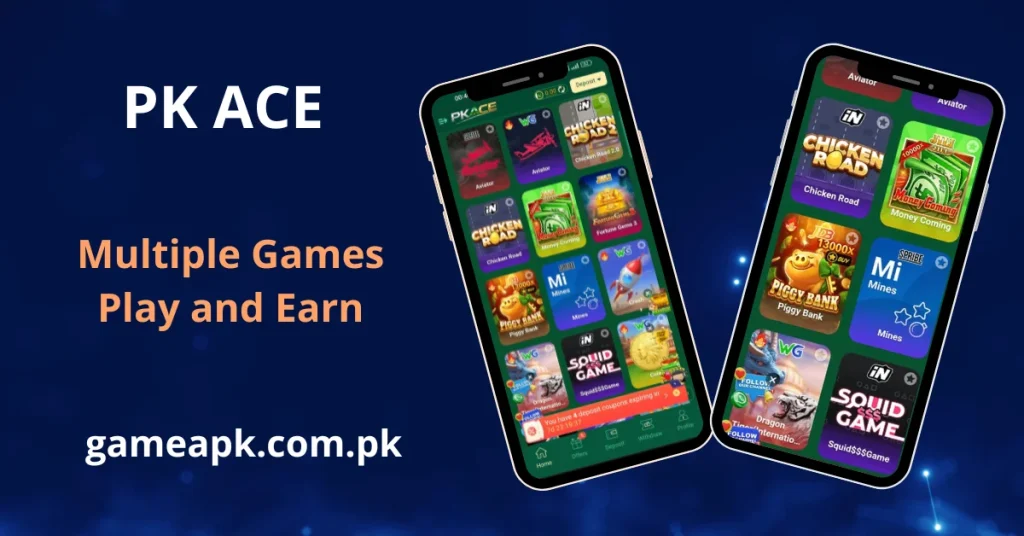 PKAce games library featuring Chicken Road, Money Coming, Piggy Bank, Mines, and Squid$$$Game.
Play multiple slot and arcade games on the PKAce app and explore in-app earning options.