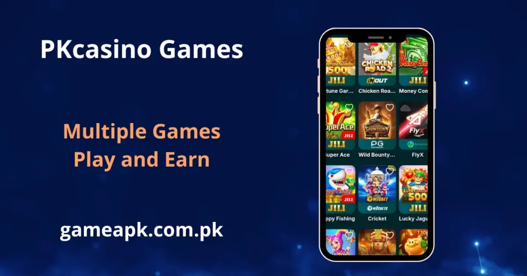 PKcasino games library displaying multiple JILI titles including Fortune Garuda, Chicken Road 2, Super Ace, Happy Fishing, Cricket, Lucky Jaguar, Wild Bounty, and FlyX on the app home screen.