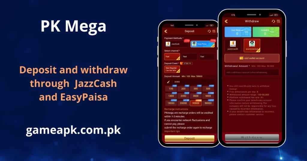PK Mega deposit and withdraw through JazzCash and EasyPaisa in Pakistan. Fast and secure payment methods on pkmega.win via gameapk.com.pk.