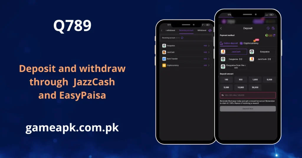 Q789 Game deposit and withdrawal screen showing JazzCash and EasyPaisa payment options for Pakistani users. Easily deposit and withdraw funds on Q789.com using JazzCash, EasyPaisa, Bank Transfer, or Cryptocurrency.