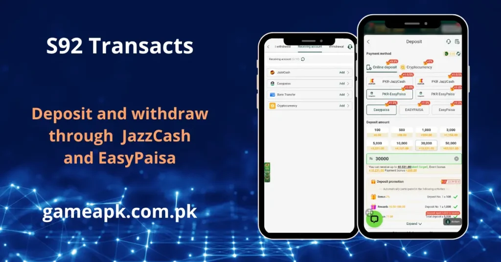 S92 deposit screen with JazzCash, EasyPaisa, bank transfer, and cryptocurrency payment options.Add funds or withdraw earnings on S92 using JazzCash and EasyPaisa in Pakistan.