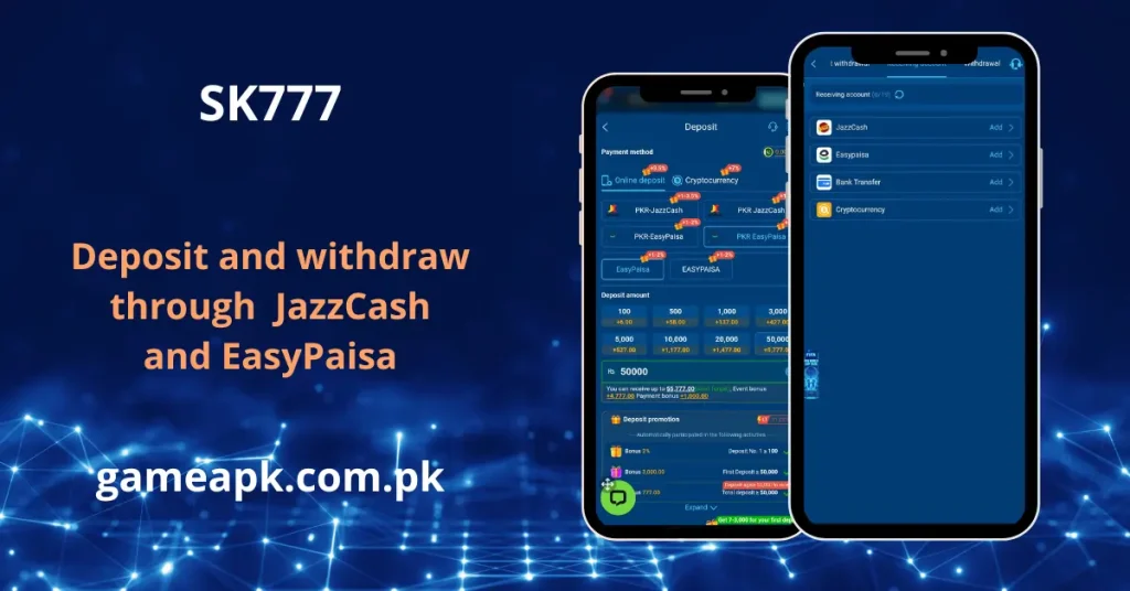 SK777 app deposit and withdrawal screen supporting JazzCash, EasyPaisa, Bank Transfer, and Cryptocurrency with bonus promotions up to Rs.55,777. Securely deposit and withdraw on SK777 app via local Pakistani payment methods at gameapk.com.pk.