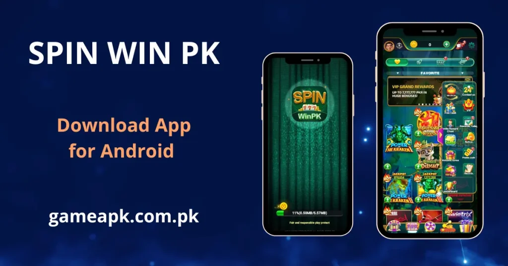 SpinWinPK APK Download - Android app interface showing slot game lobby with VIP rewards and jackpot games in Pakistan. Download Spin WinPK APK from gameapk.com.pk to play and earn real money.