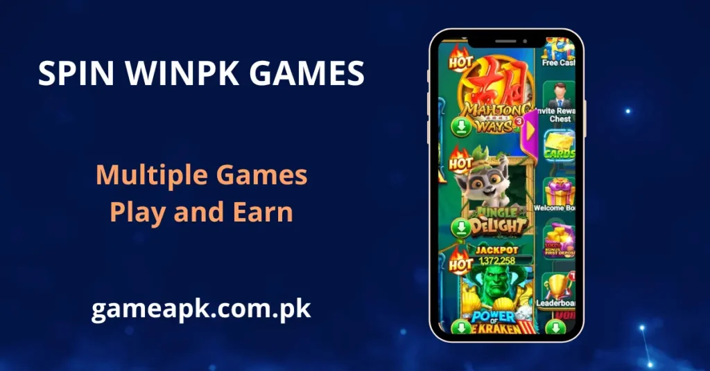 Spin WinPK games lobby featuring Mahjong Ways 3, Power of Kraken, and Jungle Delight slot games with jackpots. Play multiple earning games on Spin Win PK app downloaded from gameapk.com.pk.
