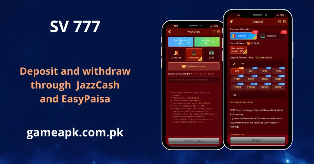 SV777 deposit screen showing JazzCash and EasyPaisa payment methods with selectable deposit amounts from Rs.100 to Rs.50,000 and a 30% new user first deposit bonus.
Withdraw screen displays a minimum withdrawal of Rs.103 and maximum of Rs.50,000 with EasyPaisa and JazzCash wallet binding required before processing.