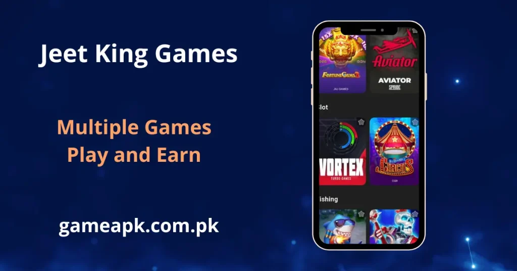 Jeet King game library showing Fortune Gems 2 and Aviator SPRIBE in the Hot games row available for real-money play on Android in Pakistan.
Slot section features Vortex Turbo Games and Circus CQ9 titles with fishing games visible below for users browsing the full in-app game catalogue.