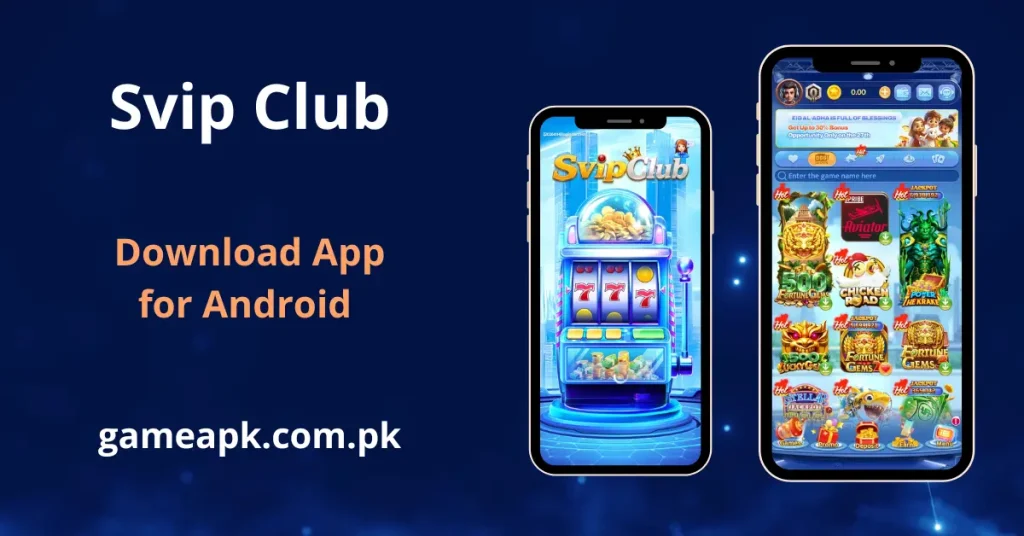 SvipClub APK Download app interface showing the SvipClub splash screen with a slot machine graphic and the home lobby on Android displaying Hot games including Aviator, Fortune Gems 500, Chicken Road, Poker the Krake, Lucky Ge, Fortune Gems 2, Fortune Gems, and an Eid Al-Adha 30% bonus banner at the top.