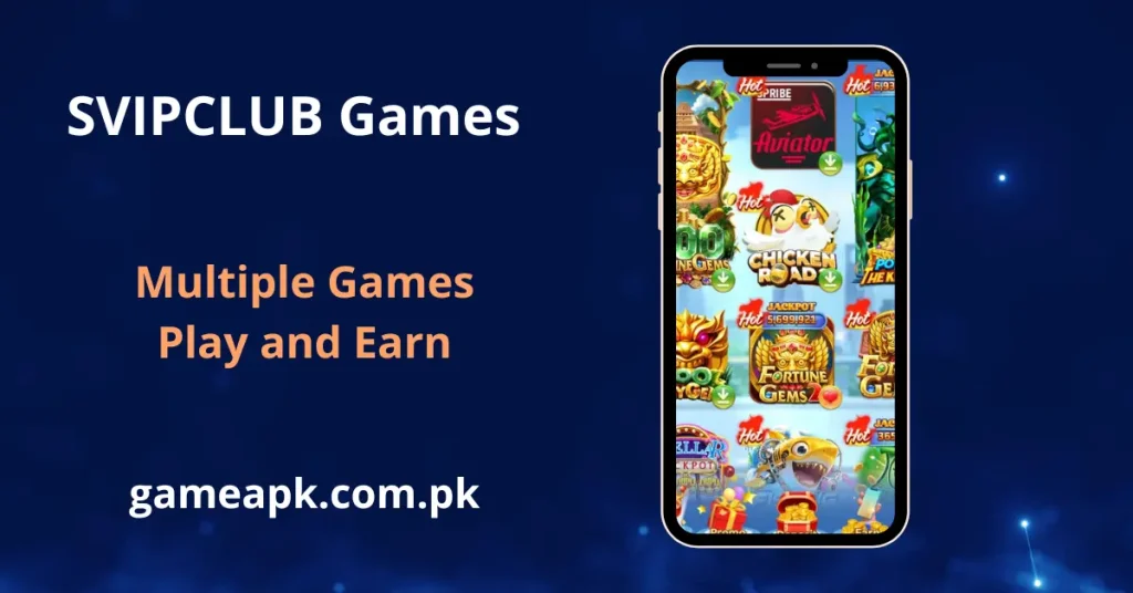 SVIPCLUB games library on Android displaying Hot titles including Aviator, Chicken Road, Fortune Gems 500, Fortune Gems 2, Fortune Gems, Poker the Krake, Lucky Ge, and a jackpot fish shooting game with live jackpot counters visible on multiple game tiles.