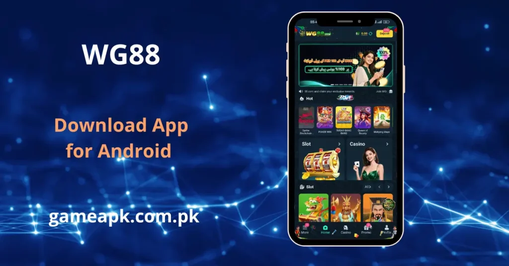 WG88 apk, Download for Android to access top-tier online casino entertainment.
WG88 mobile interface displaying popular slot games and live casino features from gameapk.com.pk.