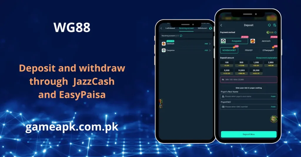 Fast and secure WG88 app deposit and withdrawal methods via JazzCash and EasyPaisa.
Step-by-step mobile wallet transaction screens for WG88 users on gameapk.com.pk.