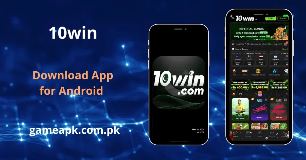 10win app interface showing referral bonus and sports betting games for Android. 10win game home screen with FIFA World Cup matches and Aviator slots.