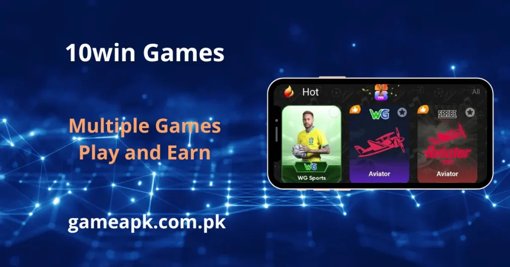 10win in-app games collection including WG Sports and Aviator crash games. Multiple games available to play and earn inside the 10win APK for Android.
