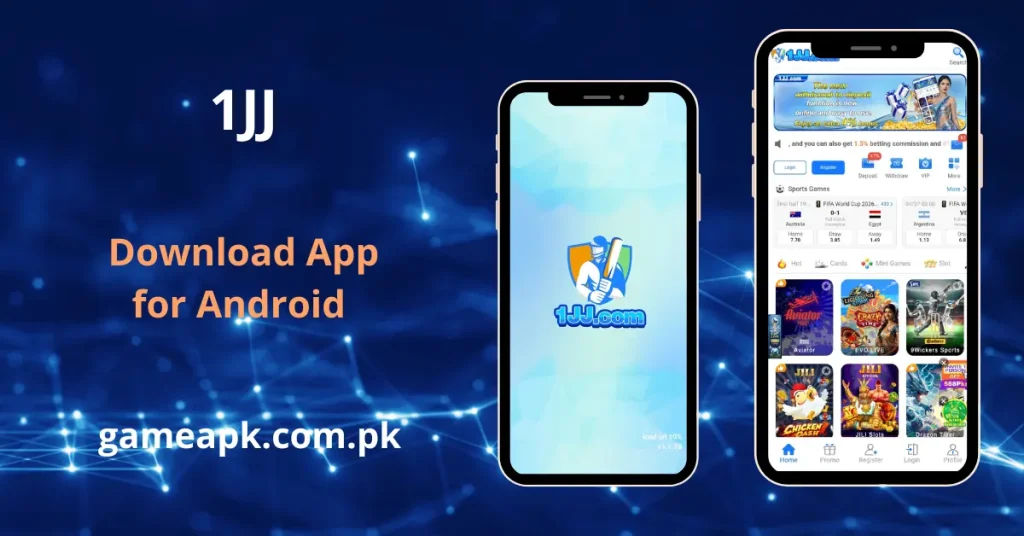 1JJ app interface showing sports betting and free game download for Android. 1JJ game home screen with Aviator, JILI Slots, and cricket betting games.