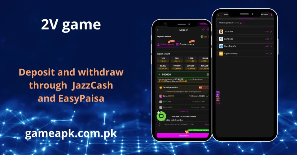 2V Game app deposit screen with JazzCash, EasyPaisa, and cryptocurrency options