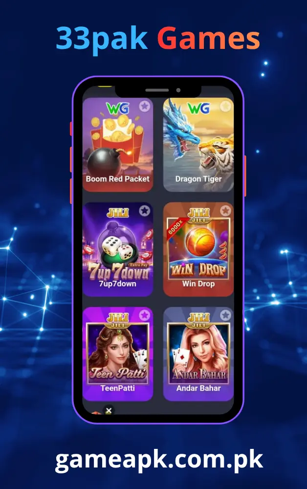 33PAK Game library screenshot featuring Dragon Tiger, Teen Patti, Andar Bahar and other popular slot and card games.