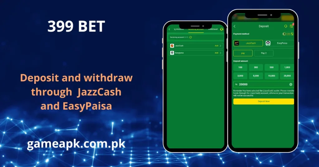 399 BET deposit and withdrawal screens supporting JazzCash and EasyPaisa payment methods.
Simple 399 BET transactions with quick deposit options and secure withdrawals.
