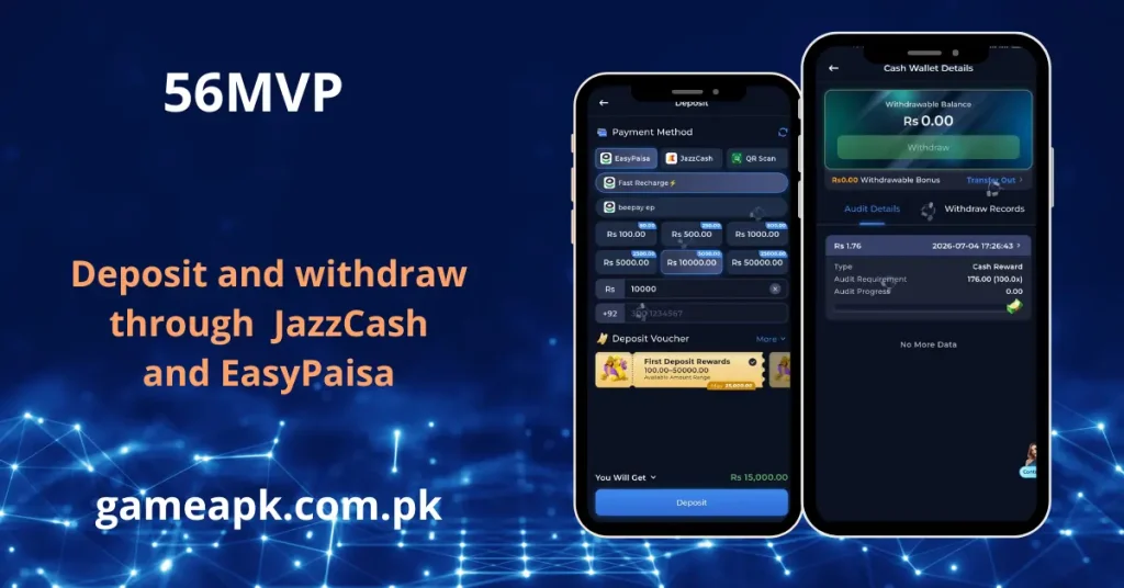 A promotional image highlighting the deposit and withdrawal screens of the 56MVP app on two smartphones, emphasizing payment options like JazzCash and EasyPaisa.
