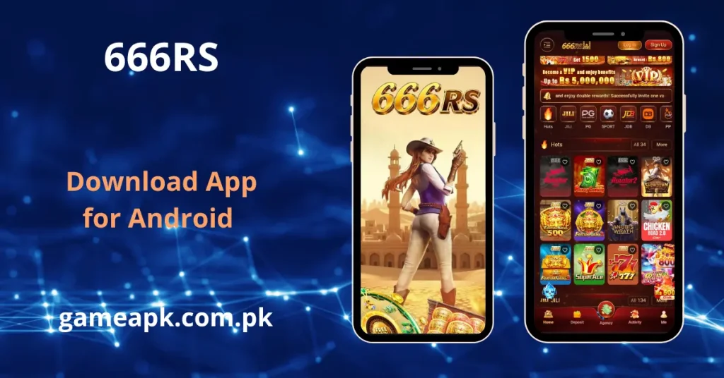 A promotional graphic for downloading the 666RS Android app from gameapk.com.pk, featuring two smartphones that display a cowgirl on the loading screen and the app's main game interface.