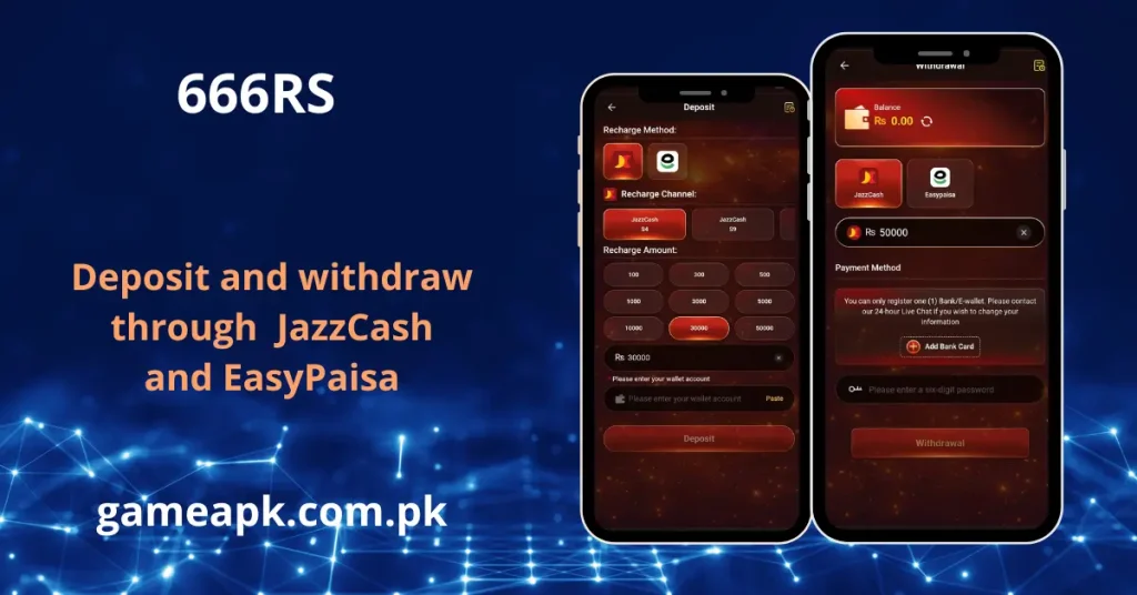A promotional image highlighting the deposit and withdrawal screens of the 666RS app on two smartphones, with emphasis on JazzCash and EasyPaisa payment methods.