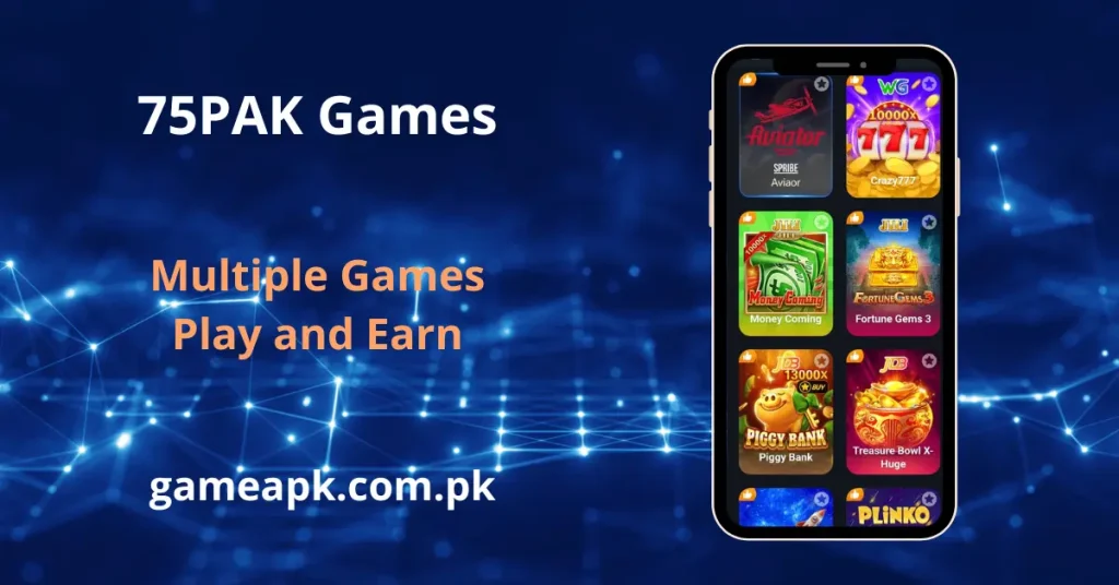 75PAK APK games in app screen showing Aviator, Crazy777, Money Coming, Fortune Gems 3 and Piggy Bank slot games on gameapk.com.pk