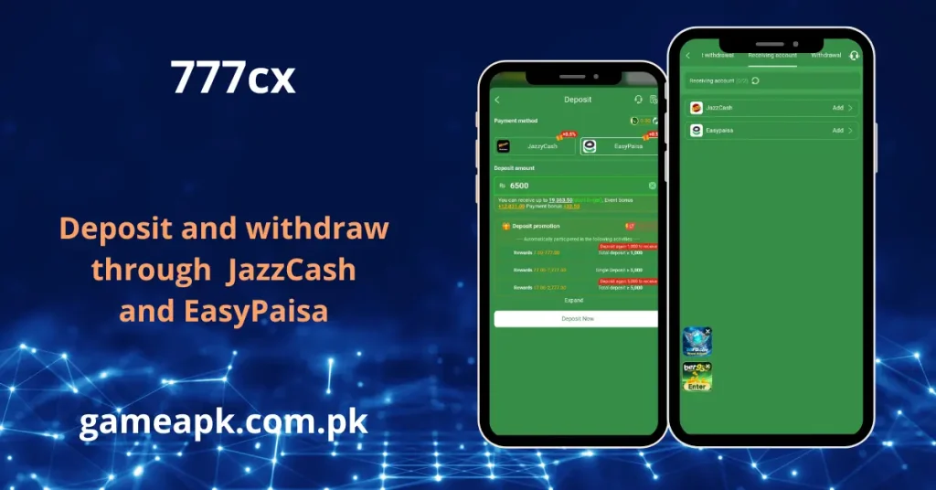 A promotional image for 777cx illustrating the deposit and withdrawal menus for JazzCash and EasyPaisa on two mobile phone screens.