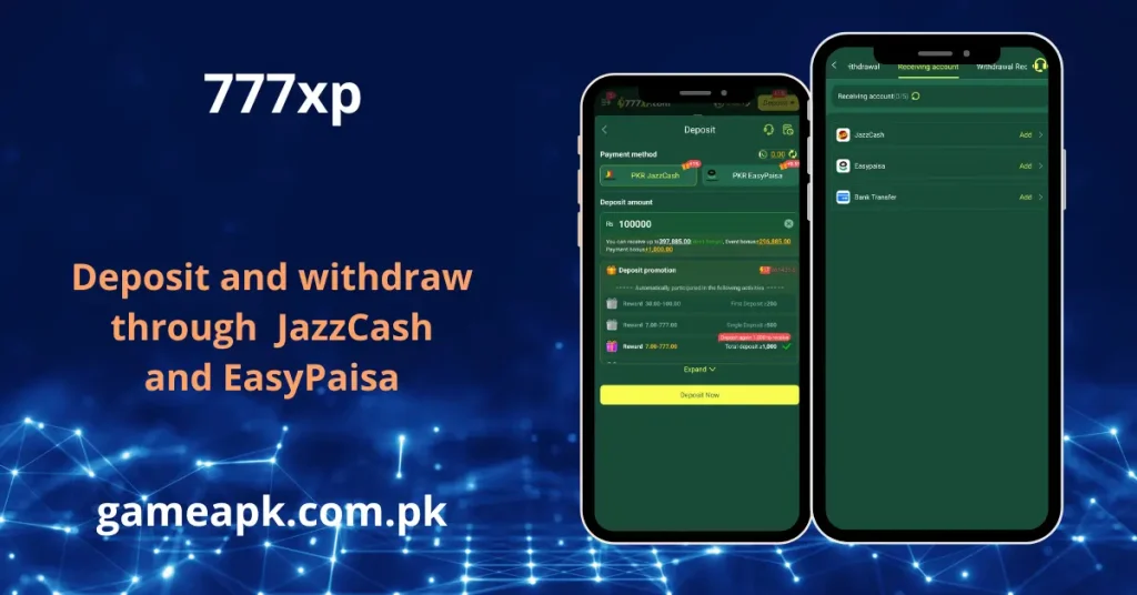 image highlighting 777xp's financial features, emphasizing deposits and withdrawals through JazzCash and EasyPaisa.
Smartphone mockups display the in-app payment interface, showing deposit promotions and linked receiving accounts.