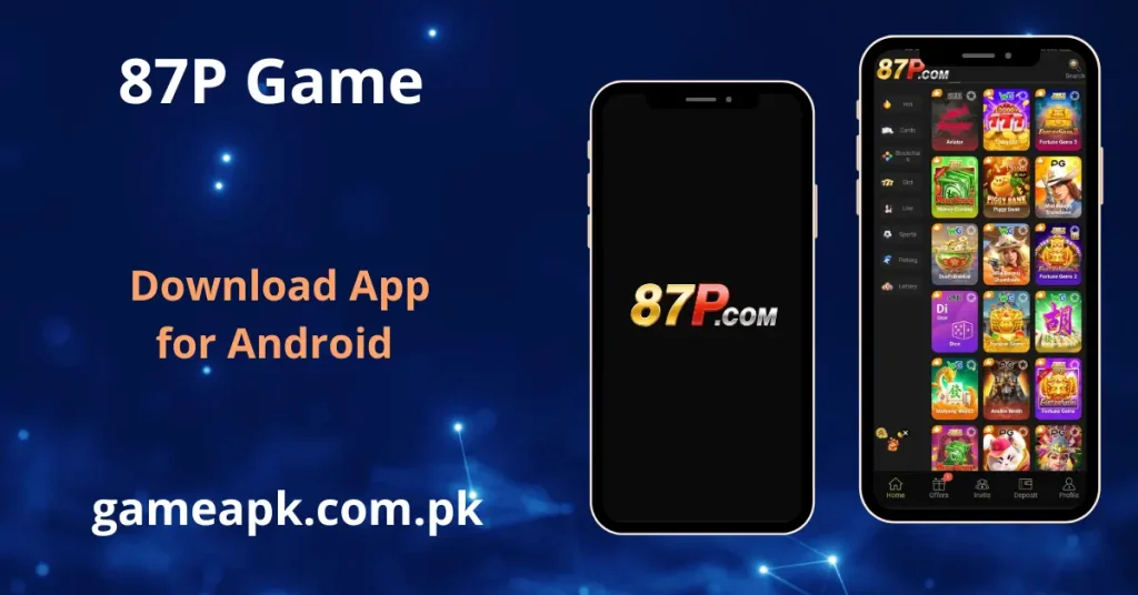 87P Game app home screen interface displaying the full collection of casino, slot and card games available for Android.