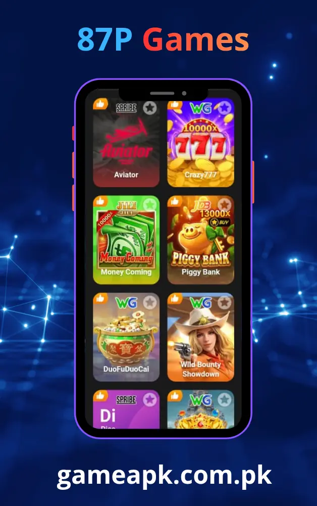87P Game screenshot showing Aviator, Crazy777, Money Coming and Piggy Bank slot games available in the app.