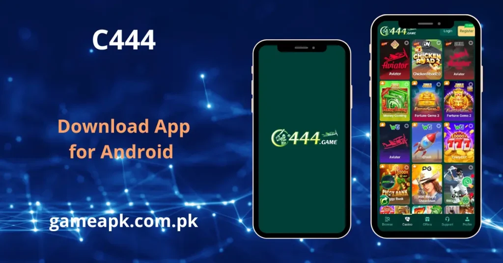 C444 game app interface showing home screen with Aviator, Chicken Road 2.0, and Fortune Gems slots. Prompting C444 game apk download Android app for online betting and casino games.