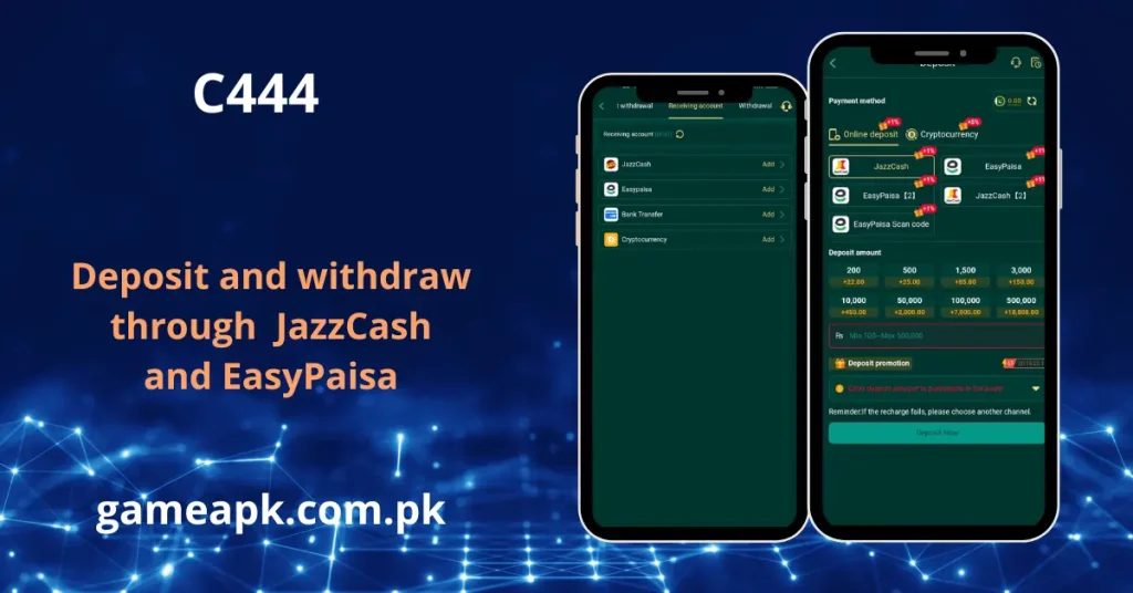 C444 app deposit and withdrawal screen supporting JazzCash and EasyPaisa payments. Fast and secure recharge options for C444 game account.