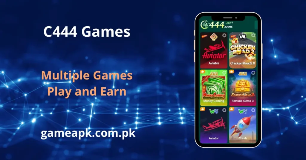 C444 games list featuring Aviator, Chicken Road 2.0, Money Coming, and Fortune Gems slots. Play multiple games and earn real cash on C444.