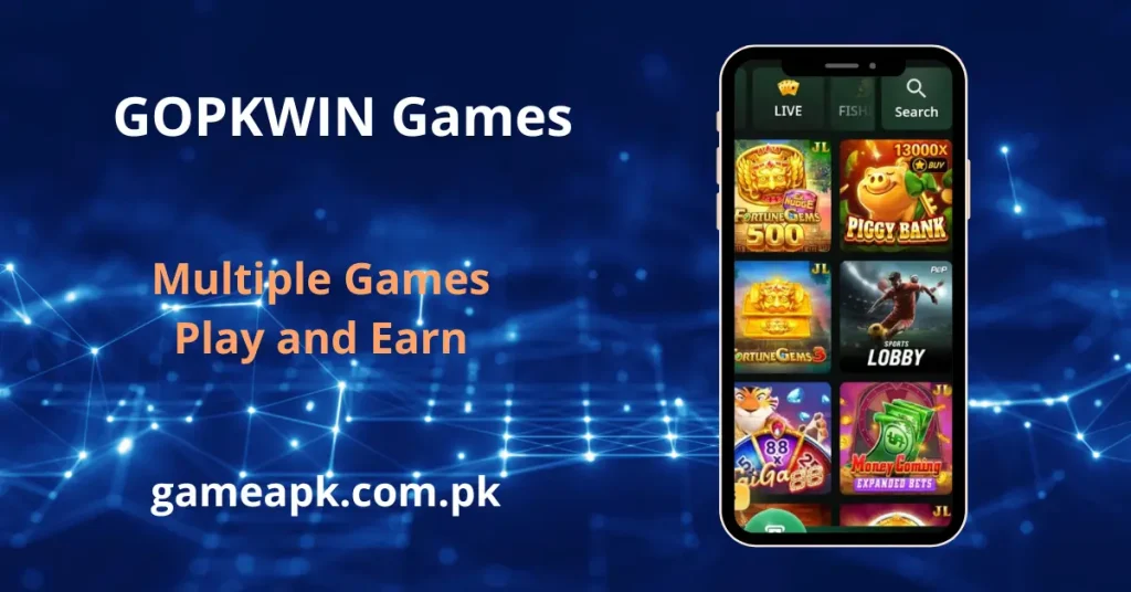 GoPKWin games collection including Fortune Gems, Piggy Bank, and Sports Lobby. Multiple in-app games to play and earn on GoPKWin.
