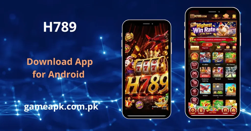 H789 app interface showing slot machine graphics and Android download option. H789 game home screen with KoolBet, JILI Games, and Aviator slots.