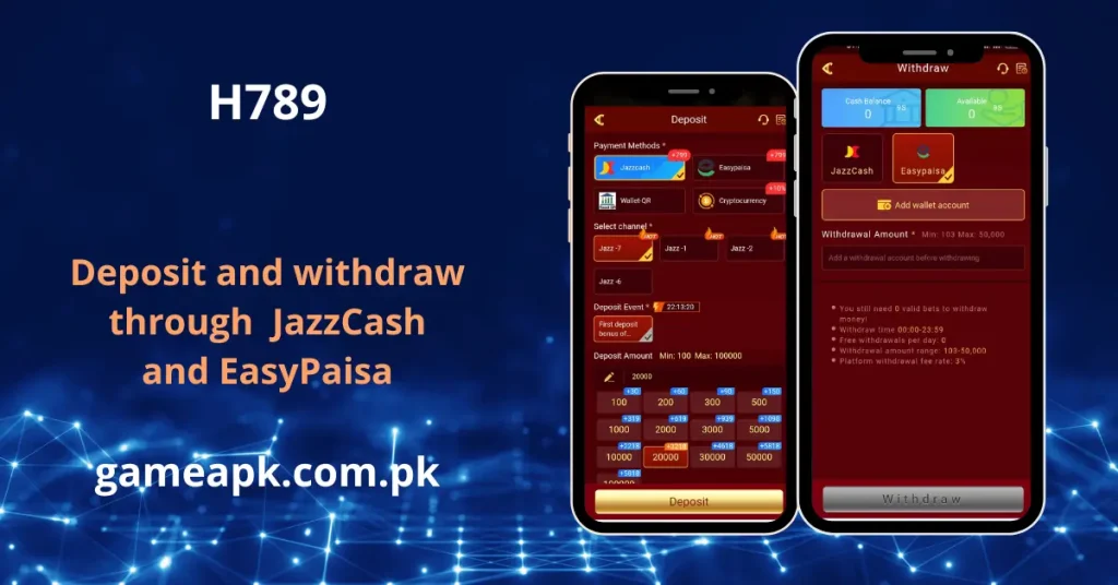 H789 deposit and withdrawal screen supporting JazzCash and EasyPaisa payment methods. H789 app transaction page showing deposit bonus offers for Pakistani players