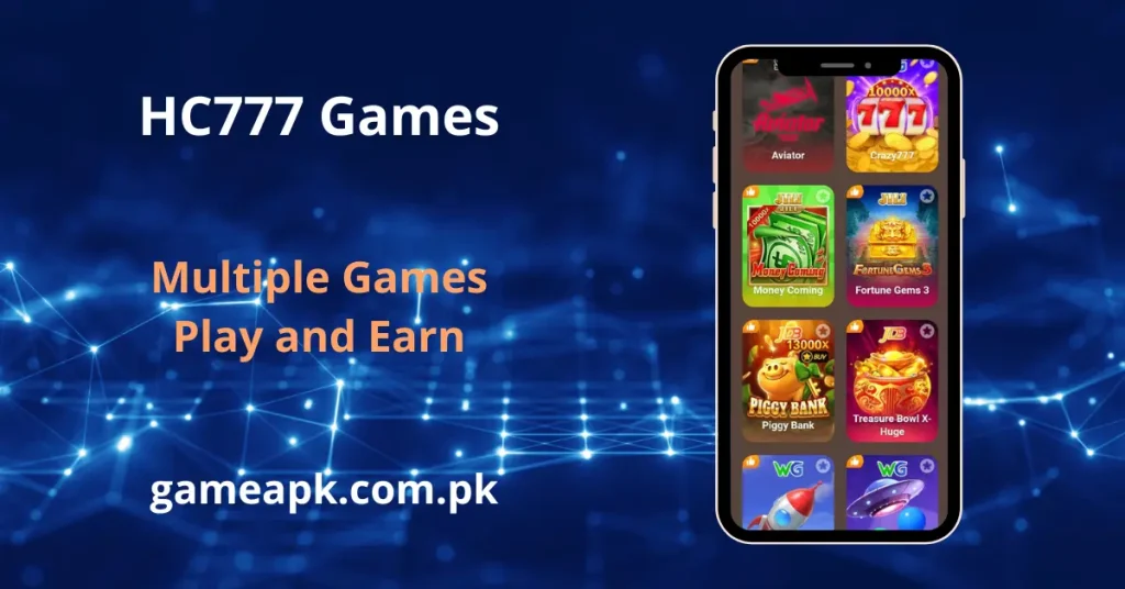 HC777 APK games in app screen showing Aviator, Crazy777, Money Coming, Fortune Gems 3 and Piggy Bank slot games on gameapk.com.pk