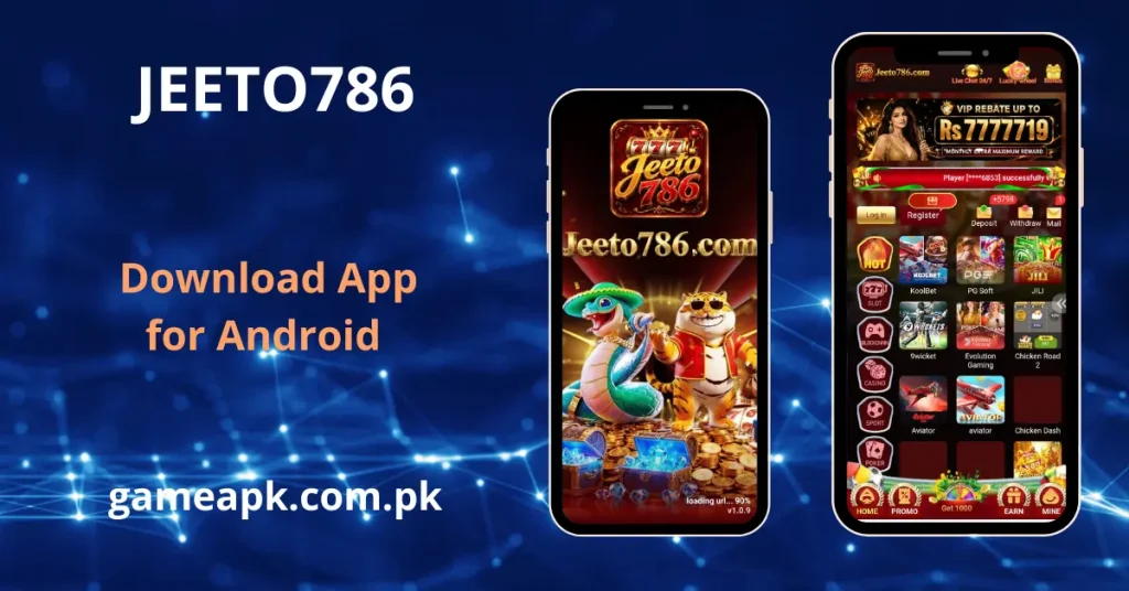 Display of the Jeeto786 Game APK Download app interface on smartphone screens, featuring a promotional graphic that showcases the Android app download from gameapk.com.pk.