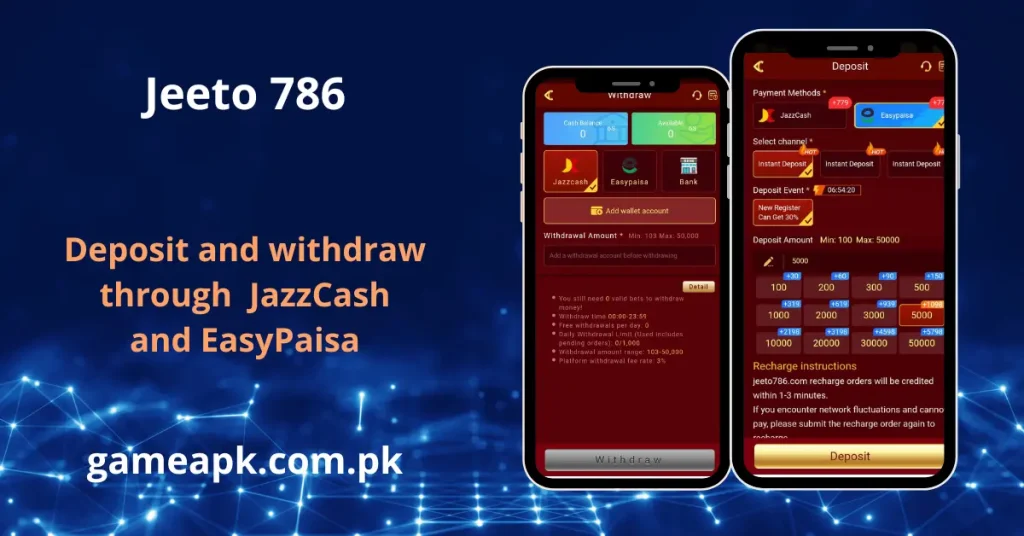 Jeeto786 transaction screens showing deposit and withdrawal options via JazzCash and EasyPaisa, highlighting secure payment methods and recharge instructions for users.